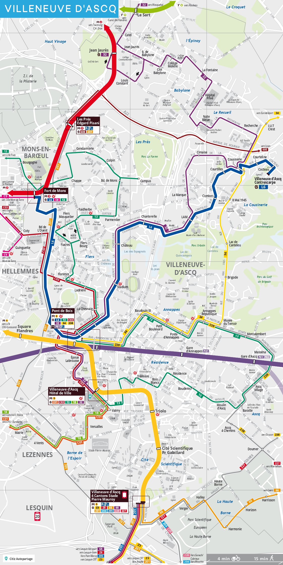 Carte des transports en commun à Villeneuve d'Ascq