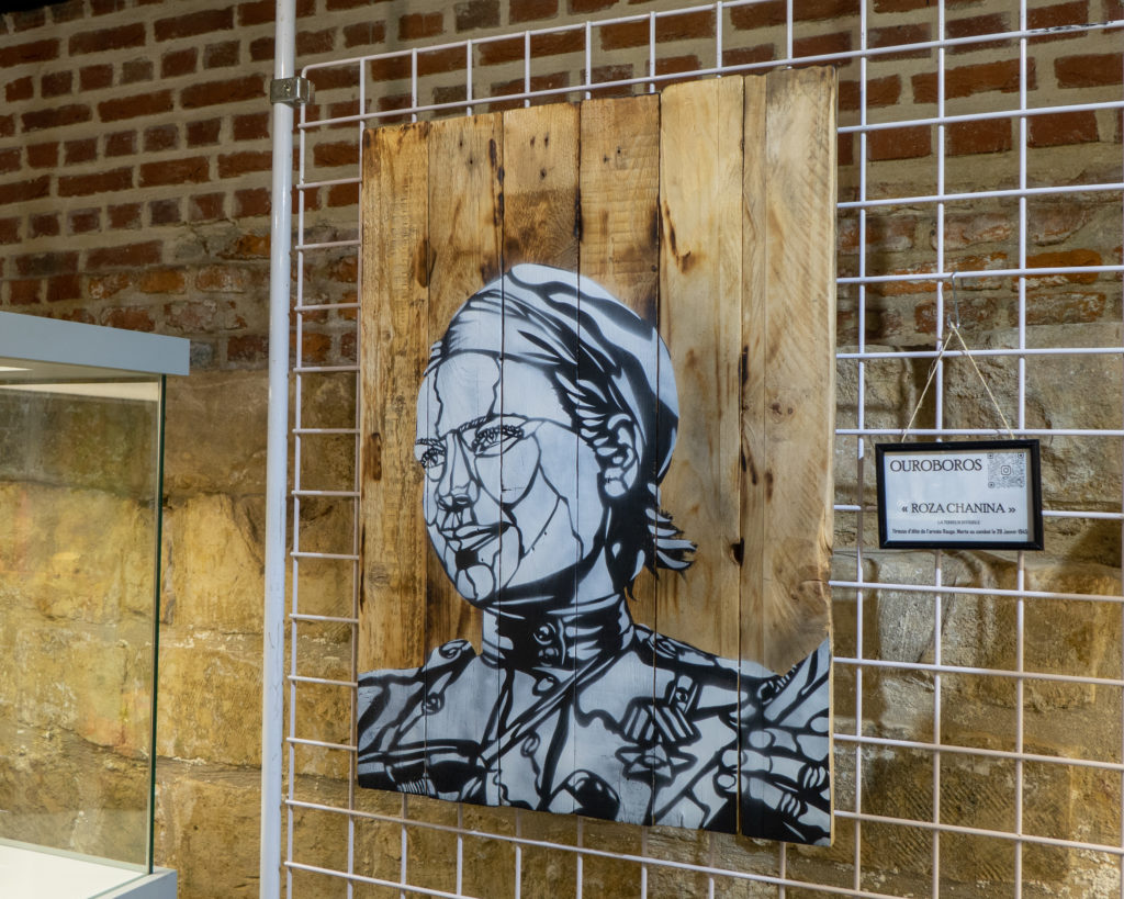 Vue de l'œuvre "Roza Chanina" de l'artiste Ouroboros. C'est un graffiti représentant un portrait de femme en noir et blanc, le visage est morcelé comme de la faïence brisée. Exposition Graff & Guerre par Terre du Nord Terres de combat. 